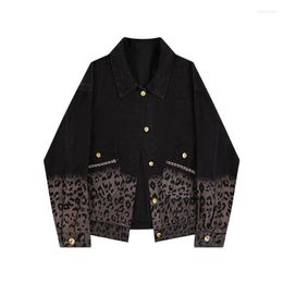 Women's Trench Coats Casual Black American Retro Leopard Pattern Contrast Denim Coat High Street Chain Fashion Short Jacket Top