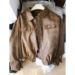 Women's Jackets American Vintage Coffee Leather Coat Women Tops Autumn Fashion Loose And Slim Cool Motorcycle Wear PU Jacket Clothing