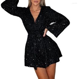 Ethnic Clothing 2023 Spring Casual Lace Up Slim Long Sleeved Dress Fashion V Neck Bell Sleeves Is Purely Sequined Mid Waist Short XL