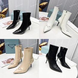 Designer Boots Women Boot Motorcycle Boots Side Zipper Boot Patent Leather Boot Pointed 85mm Slim High Heels Boot Casual Triangle New Spring Autumn Party Shoes
