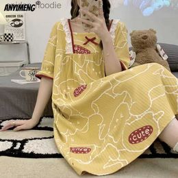 Women's Sleep Lounge Woman Cotton Nightgown Square Collar Summer Nightgowns for Young Girls Fashion Loose Cute Bear Printing Casual Nightdress L230920