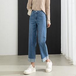 Women's Jeans Blue For Women Ankle-Length Pants Cropped Cigarette Trousers Straight Leg Cuffed High Waist Slim 2023 Cotton Cuff Jean