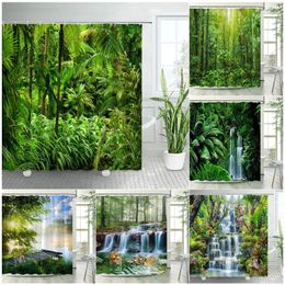 Shower Curtains Green Tropical Jungle Plant Shower Curtains Set Palm Tree Forest Monstera Leaves Nature Scenery Fabric Bathroom Decor with Hooks 230919