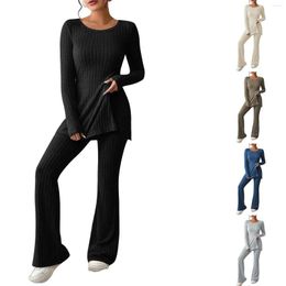 Women's Two Piece Pants Winter Ribbed Knittde Sweater And Wide Leg Panties Elegant Women Long Sleeves Warm Pyjamas Crewneck Pullover Fit