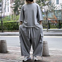 Men's Tracksuits Street Hiphop Casual Suit Summer Loose Bboy Two-piece Retro Solid Colour T-shirt Jacket Skateboard Overalls Trousers