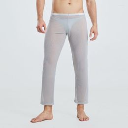 Men's Sleepwear Sexy Mens See Through Mesh Thin Transparent Loose Trousers Long Johns Lounge Sleeping Pants