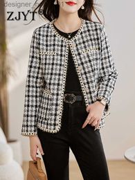 Women's Wool Blends ZJYT Autumn Winter White Black Plaid Tweed Woolen Jackets Coats for Women 2023 Fashion Long Sleeve Casual Outerwear Office Lady L230920