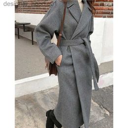 Women's Wool Blends New Woman Woollen Coats Female Classic Retro Oversize Long Woollen Coats Female Fashion Solid Colour Lace Up Suit Collar Streetwear L230920