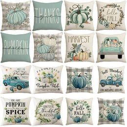 Pillow Case Harvest Pumpkin Plaid Cover Linen Blue Pillowcase Cushion Covers For Sofa Office Bedroom Decor Festive Goods 230919