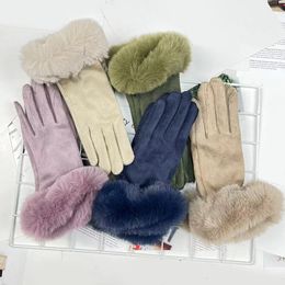 Five Fingers Gloves Fashion Women Suede Leather Warm Winter Velvet Thicken Full Finger Glove Faux Fur Touch Screen Driving Mittens 230919