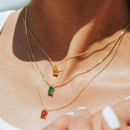 Pendant Necklaces Ins Simple Square Zircon Necklace Retro Emerald Titanium Steel Gold-plated Clavicle Chain Wild269x