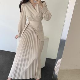 Casual Dresses Women Elegant Blazer Pleated Irregular Length With Button Work Wear Office Ldies Modest Female Fashion Autumn 2023