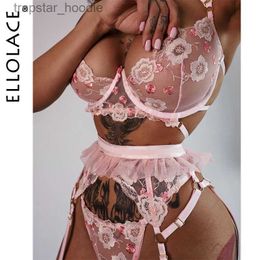 Sexy Set Ellolace Erotic Lingerie Sexy Lace Sensual Underwear Set Floral Transparent Brief Sets 3 Piece Push Up Underwire Bra and Panty L230920