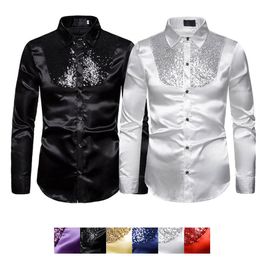 Formal Men Party Tuxedo Shirts Slim Ball Wedding Silk-Like Satin Long Sleeve Dress Shirts Men Autumn Clothing Tops Sequins Shirt223E