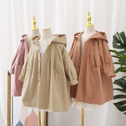 Coat Girls Trench Coats Autumn Loose Mild-length Hooded Jacket For Kids Casual Children Outerwear Teens Clothes 2-12 Years S36