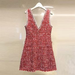 2020 Autumn new women's v-neck sleeveless beading A-LINE tweed Woollen short dress plus size S M L263B