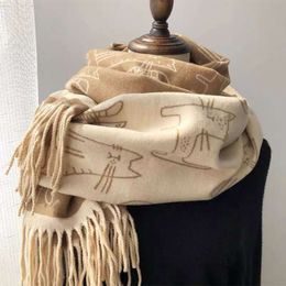 2023 New Thickened Tassel Scarf Women's Cat Print Imitation Cashmere Shawl Autumn and Winter Warm Neck