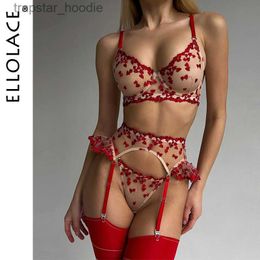 Sexy Set Ellolace Heart Sensual Lingerie Sheer Lace Embroidery Fancy Underwear 4-Piece Ruffle Sissy Intim Goods Delicate Sexy Outfits L230920