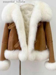 Women's Fur Faux Fur FURTJY Fashionable Soft Streetwear 2023 Winter Women Goose Down Jacket Real Fur Coat High Quality Warm Fluffy Big Collar Short L230920