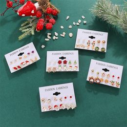 Stud Earrings 6 Pairs Christmas Set For Women Xmas Tree Brown Elk Snowman Santa Claus Sparkling Small Rhinestones Ear Jewellery