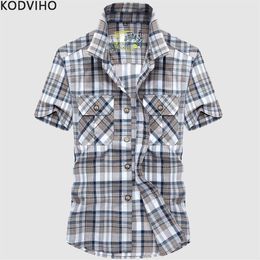 Shirts for Men Plaid Streetwear Casual Slim Fit Short Sleeve Cotton Shirt Mens Red Summer Blouse Man Camisas Chemises Homme 2019280t