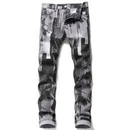 Mens Fashion Abstract Art Stretch Slim Straight Jeans Teenagers Digital 3D Printed Grey Black Jeans Denim Pants248H