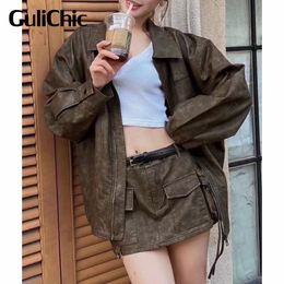 Two Piece Dress 912 GuliChic Women Street Fashion Loose Zipper PU Leather Jacket Or Short Skirt Set 230920