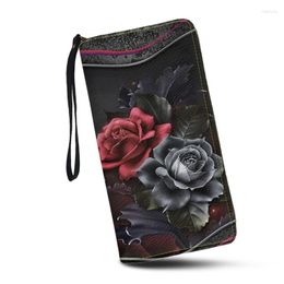 Wallets Belidome Womens Zipper Long Clutch Wallet Gray And Red Rose Floral Wristlet Handbag For Cash Coin Bill