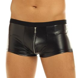 Underpants Mens Lingerie Leather Underwear Wet Look Zipper Bulge Pouch Low Rise Boxer Briefs Shorts Sexy Tight2036