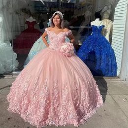 Quinceanera Ball Gown Dresses Pink Off Shoulder Lace Appliques Beads With Hand Made Flowers 3D Floral Plus Size Prom Evening Gowns Corset Back 403