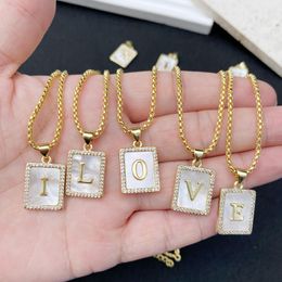 Chains Personalized 18K Gold Plated Initial Tag A - Z Alphabet Letter Shell Micro Pave CZ Charm Pendant Necklace Jewelry