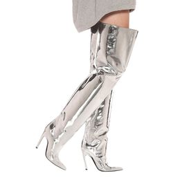 Boots Autumnwinter Shiny Face Ultra High Heel Over Knee Boot's Sexy Pointed Sleeve Metal Sleeves Fashion 230920