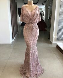 Dusty Pink Arabic Evening Dresses Wear Vintage Full Lace V Neck Mermaid Crystal Beads Prom Dress Formal Party Second Reception Gowns