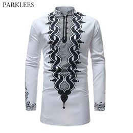 Men's African Printed White Dashiki Shirt New Slim Fit Mandarin Collar Dress Shirts Men Long Sleeve African Clothing312b