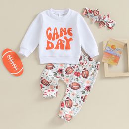 Clothing Sets 0904 Lioraitiin 03Y Baby Girls Outfit Long Sleeve Crew Neck Letters Sweatshirt Rugby Flower Sweatpants Headband 230919