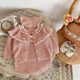 Clothing Sets Autumn Baby Girls 2PCS Clothes Set Cotton Knitted Ruffle Long Sleeve Sweater Coat Suspender Romper Suit Toddler Girl Outfit 230919