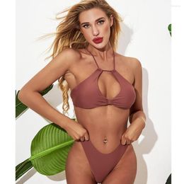 Women's Swimwear 2023Solid Colour Neck Lace-up Swimsuit For Women Sexy Tight Hollow-out Beauty Back High-End Fashion Beautiful SplitBikini