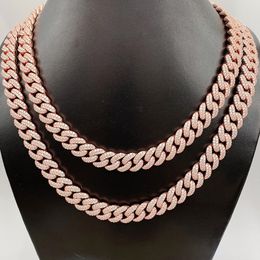 Hot selling S925 Rose Gold Mosan diamond 13mm double row diamond Cuban chain in Europe and America, pure silver hip-hop necklace for men