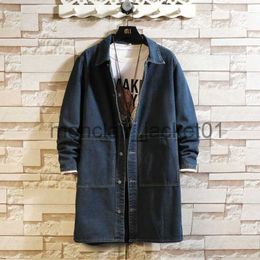 Men's Trench Coats Men Long Jean Jacket Winter Men Trend Big Pockets Turn-down Collar Trenchcoat Outerwear Fashion Black Loose Denim Coats J230920