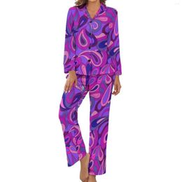 Women's Sleepwear Purple Paisley Print Pyjamas Woman Hippie Fashion Home Suit Long Sleeve 2 Pieces Room V Neck Custom Pyjama