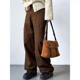 Women's Jeans Fall Wide Leg Cargo Pants Brown Green Slim Loose Fitting High Waisted Straight