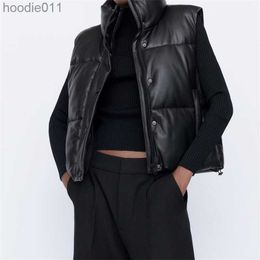 Women's Down Parkas Fashion Streetwear Women Puffy Vest Winter Thick Parkas Jacket Black PU Female Coats Faux Leather Down Waistcoat Loose Lady Vest L230920