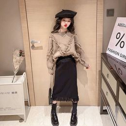 Clothing Sets Young Girls Streetwear Autumn Kids Knitted Sweater Tops And Long Skirt Vintage Tassel Sweaters Knitting Outfits Fashion Korean 230919