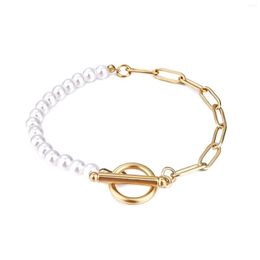 Strand LIEBE ENGEL Trend Paperclip Chain Bracelet Women Temperament Simulated Pearl Stainless Steel For Men Jewelry Gift