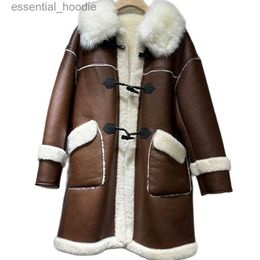 Women's Fur Faux Fur 2023 Winter New Wool collar Mid length double faced fur coats for women Korean Lamb Wool Coat Female fashion outerwear Y4396 L230920