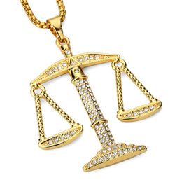 Justice Balance Scales Pendant Necklace Fashion Gold Colour Charm Men Women CZ Stone Rhinestone Crystal Hiphop Jewellery Alloy226R