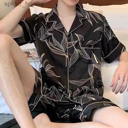 Women's Sleep Lounge Men Ice Silk Pyjama Set Sleepwear Nightclothes Black XL XXL 3XL Shirts Shorts Printed Feather Smooth Solid Colour Casual L230920