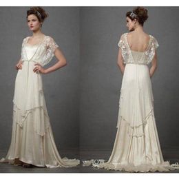 Vintage Ivory 1920s Wedding Dresses with Sleeves Catherine Deane Lita Modest Fairy Lace Chiffon Vneck Full Length 2019 Bridal Gow4253U