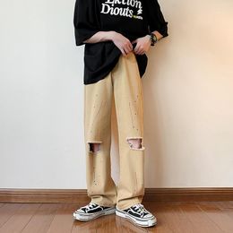 Men's Jeans Khaki Ripped Holes Graffiti Men Summer Baggy Denim Wide Leg Trousers Washed Vintage Casual Hip Hop Fashion Bottoms