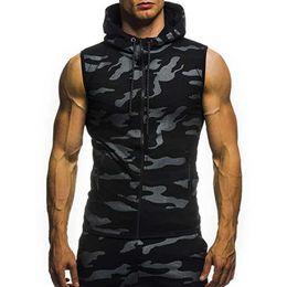 QNPQYX Male Summer Sweatshirt Men Military Slim Tank Top Camouflage Gyms Fitness Zipper Hooded Vest Sleeveless Hoodie Tops Tees